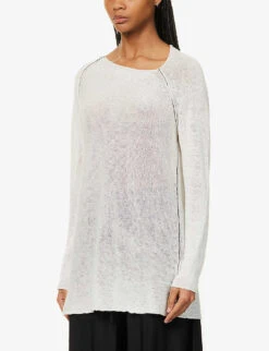 Asymmetric-neck Semi-sheer Linen Knitted Top -Reis Clothing Shop R04153675 WHITE ALT02