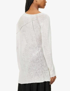 Asymmetric-neck Semi-sheer Linen Knitted Top -Reis Clothing Shop R04153675 WHITE ALT03