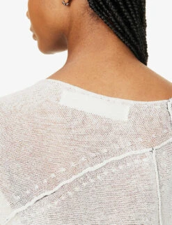 Asymmetric-neck Semi-sheer Linen Knitted Top -Reis Clothing Shop R04153675 WHITE ALT05