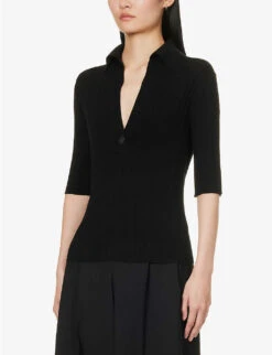 Vince V-neck Cotton-blend Knitted Polo Shirt -Reis Clothing Shop R04154647 BLACK ALT02