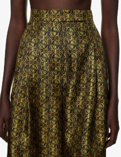 Max Mara Moxa Monogram-print High-rise Wide-leg Cropped Silk Trousers -Reis Clothing Shop R04156230 OLIVEGREEN ALT04
