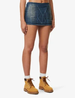 Logo-embossed Faded-wash Mid-rise Regular-fit Denim Mini Skirt -Reis Clothing Shop R04158079 DB4WASH ALT02