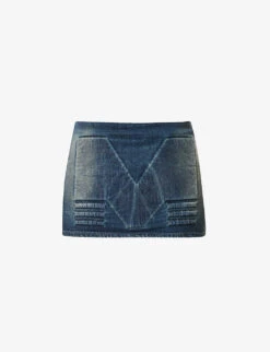 Logo-embossed Faded-wash Mid-rise Regular-fit Denim Mini Skirt
