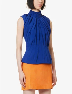 High-neck Pleated Woven Top -Reis Clothing Shop R04160110 BLUE ALT02
