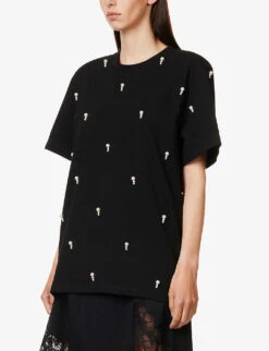 STELLA MCCARTNEY Pearl-embellished Ribbed-trim Cotton-jersey T-shirt -Reis Clothing Shop R04160801 BLACK ALT02