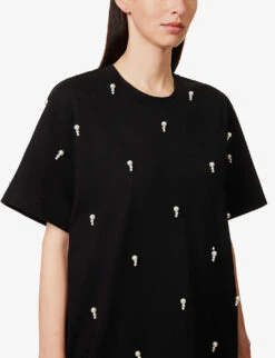 STELLA MCCARTNEY Pearl-embellished Ribbed-trim Cotton-jersey T-shirt -Reis Clothing Shop R04160801 BLACK ALT04
