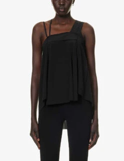 Asymmetric-strap Square-neck Stretch-silk Top -Reis Clothing Shop R04164426 BLACK ALT02