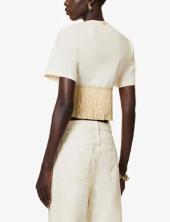 Paco Rabanne Tassel-trimmed Cropped Regular-fit Cotton T-shirt -Reis Clothing Shop R04166767 NUDE ALT03