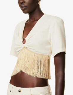 Paco Rabanne Tassel-trimmed Cropped Regular-fit Cotton T-shirt -Reis Clothing Shop R04166767 NUDE ALT04