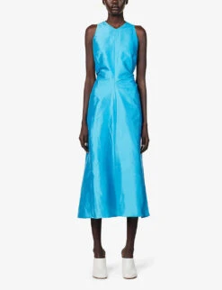 Sleeveless Cut-out Silk Midi Dress -Reis Clothing Shop R04168306 BLUE ALT02