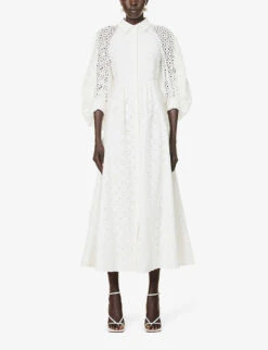 Pat Broderie-patterned Puff-sleeve Regular-fit Cotton Midi Dress -Reis Clothing Shop R04168612 WHITE ALT02