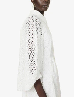 Pat Broderie-patterned Puff-sleeve Regular-fit Cotton Midi Dress -Reis Clothing Shop R04168612 WHITE ALT04