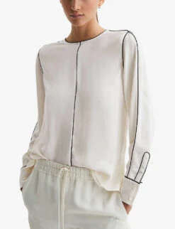 Reiss Estella Contrast-tip Long-sleeve Stretch-woven Blouse 7 Reiss Estella Contrast-tip Long-sleeve Stretch-woven Blouse -Reis Clothing Shop R04169209 CREAM ALT02