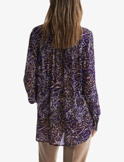 Reiss Tora Animal-print Neck-tie Woven Blouse -Reis Clothing Shop R04169213 BLUE ALT03