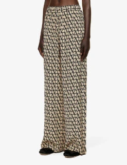 Valentino Monogram-print Straight-leg Silk Trousers -Reis Clothing Shop R04169684 BEIGENERO ALT02