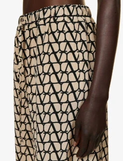 Valentino Monogram-print Straight-leg Silk Trousers -Reis Clothing Shop R04169684 BEIGENERO ALT04