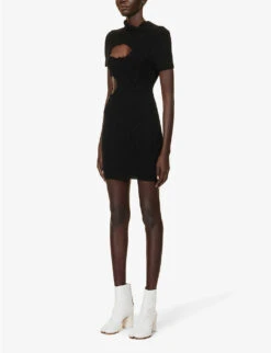 MM6 Maison Margiela Distressed Cut-out Slim-fit Cotton And Alpaca-blend Knitted Mini Dress -Reis Clothing Shop R04172520 BLACK ALT02