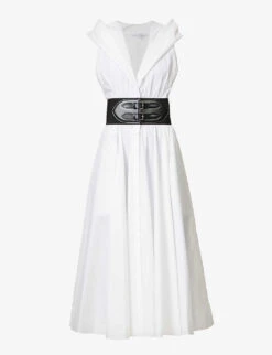 Flare Belt-embellished Cotton Midi Dress