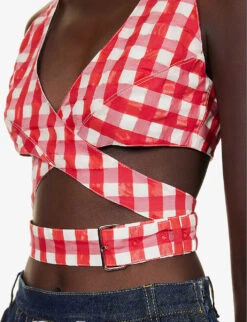 V-neck Check-pattern Woven Top -Reis Clothing Shop R04179389 ROUGEFUCHSIA ALT04