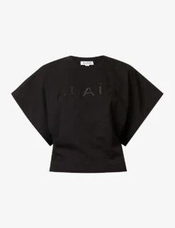 Brand-print Ribbed-trim Cotton-jersey T-shirt