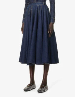 Flared-hem Contrast-stitching Stretch-denim Midi Skirt -Reis Clothing Shop R04179395 BLEUDENIM ALT02