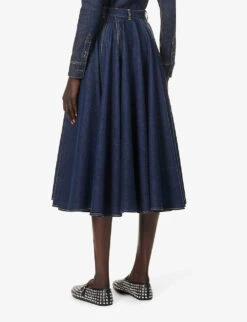 Flared-hem Contrast-stitching Stretch-denim Midi Skirt -Reis Clothing Shop R04179395 BLEUDENIM ALT03