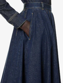 Flared-hem Contrast-stitching Stretch-denim Midi Skirt -Reis Clothing Shop R04179395 BLEUDENIM ALT04