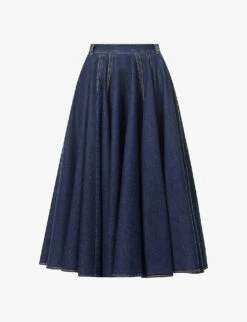 Flared-hem Contrast-stitching Stretch-denim Midi Skirt