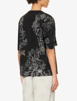 Dries Van Noten Brooch-embellished Floral-print Cotton T-shirt -Reis Clothing Shop R04180735 BLACK ALT03