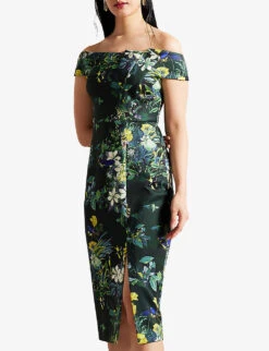 Ted Baker Divena Bardot Floral-print Stretch-woven Midi Dress -Reis Clothing Shop R04181247 DKGREEN ALT02
