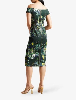 Ted Baker Divena Bardot Floral-print Stretch-woven Midi Dress -Reis Clothing Shop R04181247 DKGREEN ALT03