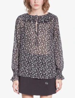 THE KOOPLES Ruffle-neck Floral-print Woven Top -Reis Clothing Shop R04181771 BLACKECRU ALT02