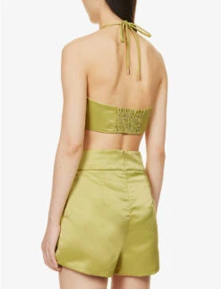 V-neck Cropped Satin Top -Reis Clothing Shop R04186758 GREEN ALT03
