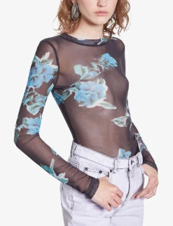 THE KOOPLES Floral-print Long-sleeve Stretch-woven Mesh Top -Reis Clothing Shop R04187728 BLACKBLUE ALT02