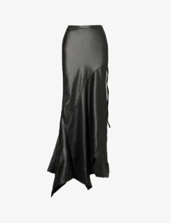 Drawstring-waist Asymmetric-hem Stretch-recycled Polyester Maxi Skirt