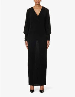 ROTATE Birger Christensen V-neck Hooded Stretch-recycled Polyester Maxi Dress -Reis Clothing Shop R04188250 BLACK ALT02