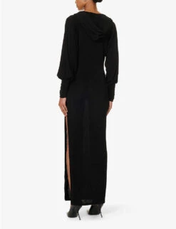 ROTATE Birger Christensen V-neck Hooded Stretch-recycled Polyester Maxi Dress -Reis Clothing Shop R04188250 BLACK ALT03