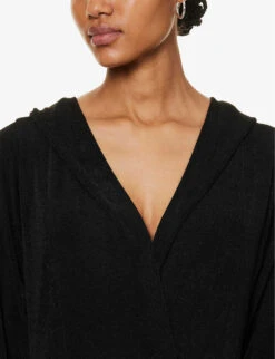 ROTATE Birger Christensen V-neck Hooded Stretch-recycled Polyester Maxi Dress -Reis Clothing Shop R04188250 BLACK ALT04