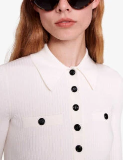 Maje Mipolo Button-neck Long-sleeve Stretch-knit Polo -Reis Clothing Shop R04190026 BLANC ALT04