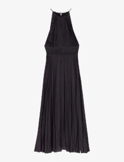 Maje Villy Halter-neck Pleated Satin Maxi Dress -Reis Clothing Shop R04190056 NOIRGRIS M