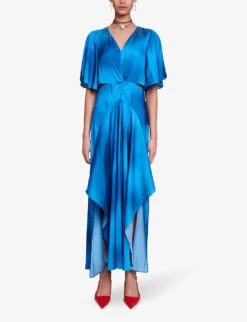 Maje Renilina Butterfly-sleeve Asymmetric-hem Satin Maxi Dress -Reis Clothing Shop R04190057 BLEUS ALT02