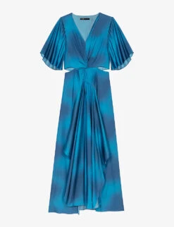 Maje Renilina Butterfly-sleeve Asymmetric-hem Satin Maxi Dress