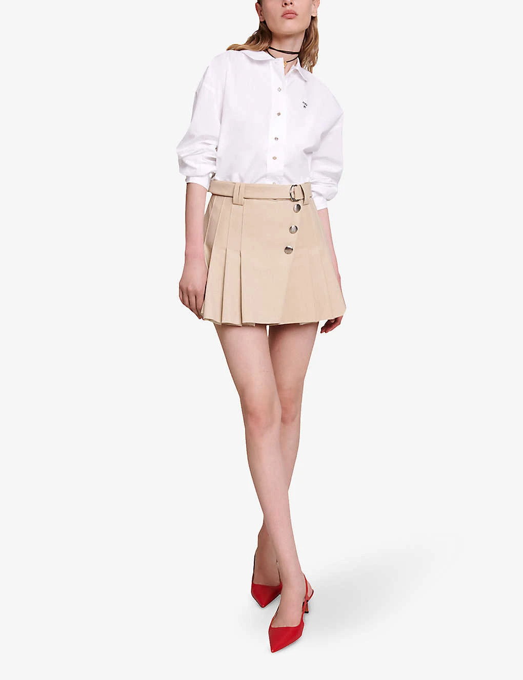 Maje Jumita Button-embellished Pleated Cotton Mini Skirt 2 Maje Jumita Button-embellished Pleated Cotton Mini Skirt - Image 2