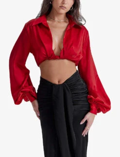 Laraine Open-neck Twist-front Silk Top -Reis Clothing Shop R04191563 CHERRY ALT02
