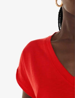 Whistles Willa V-neck Cap-sleeve Organic-cotton T-shirt -Reis Clothing Shop R04192526 RED ALT04