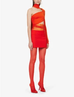 Mugler Asymmetric-neck Sheer-panel Stretch-woven Body -Reis Clothing Shop R04192659 FIRE ALT02