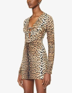 Roberto Cavalli Plunge-neck Leopard-print Woven Mini Dress -Reis Clothing Shop R04192686 NATURALE ALT02