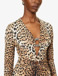 Roberto Cavalli Plunge-neck Leopard-print Woven Mini Dress -Reis Clothing Shop R04192686 NATURALE ALT04