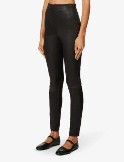 THEORY Adbelle Textured-finish High-rise Slim-leg Leather Trousers -Reis Clothing Shop R04193357 MINK ALT02