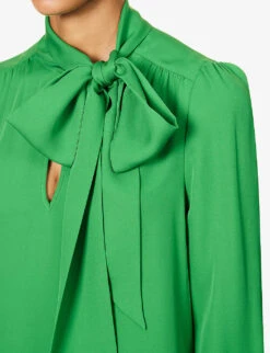 ME AND EM Shirred-trim Self-tie Silk Blouse -Reis Clothing Shop R04194877 RAINFORESTGREEN ALT04